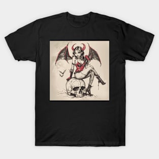 Demon Woman Sitting on Skull Vintage Sketch T-Shirt